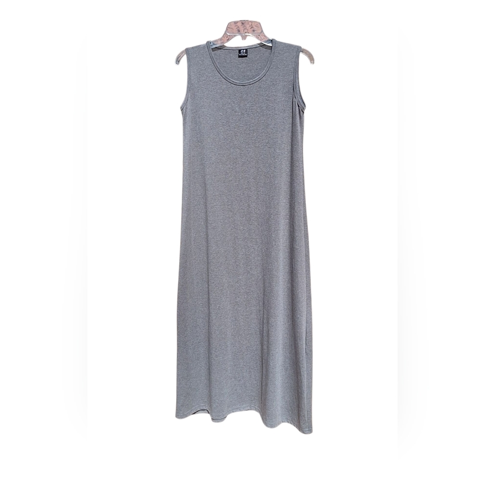 Gray Jersey Maxi Dress Stretchy Cotton Blend Casual Sleeveless Tank Womens M/L